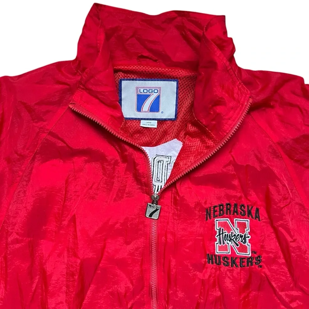 Vintage 90s Logo 7 - Nebraska Huskers Full Zip Windbreaker Jacket Red Large